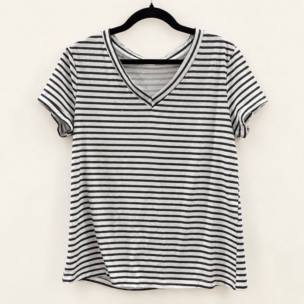 Women's Black and White Striped V-Women's Black and White Striped V-Neck T-Shirt